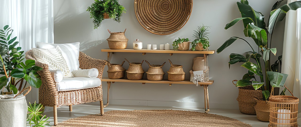 Jute woven chair, baskets, and rug.