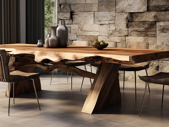 A live-edge wood dining table.